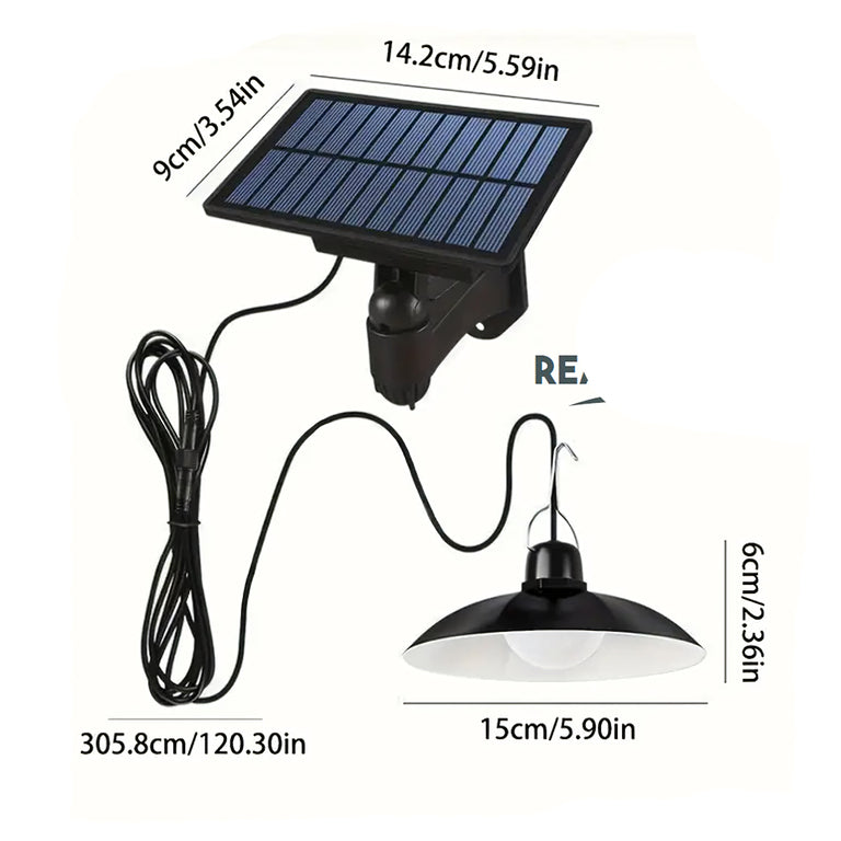 Lampă solară LED de grădină suspendată (tip candelabru), cu senzor de amurg și telecomandă