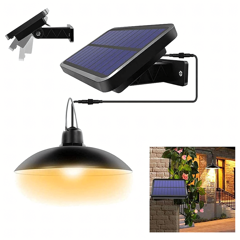 Lampă solară LED de grădină suspendată (tip candelabru), cu senzor de amurg și telecomandă